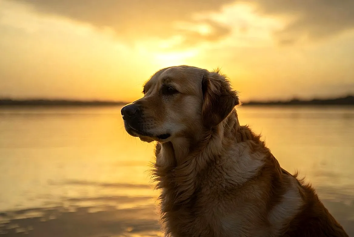 Bayron, a golden retriever, photographed beside calm water at sunset.