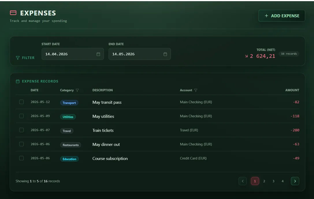 Bayron Harbor expenses screen showing a structured list of expense records and filters.